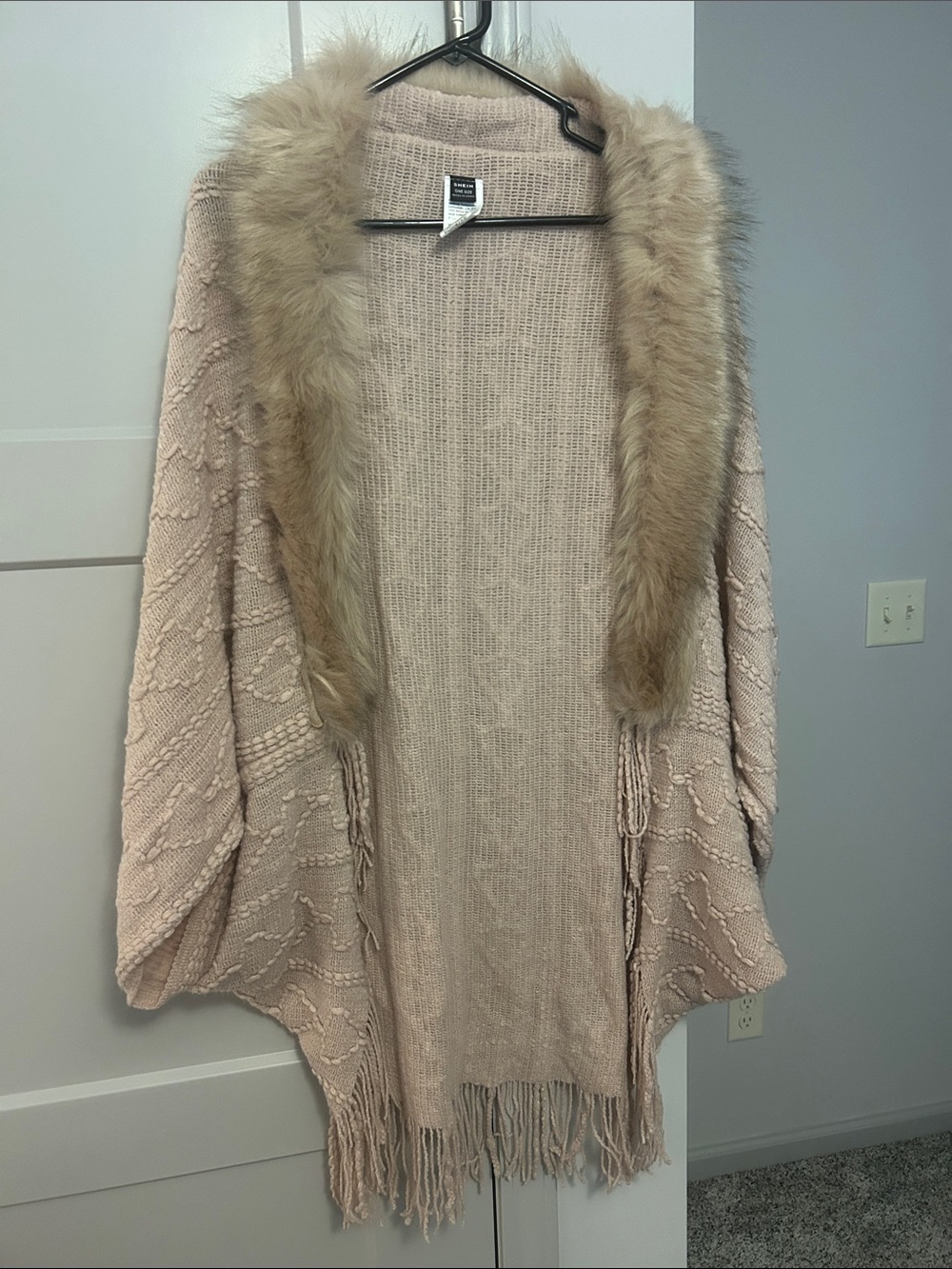SHEIN Blush Pink Open Knit Fringe Cardigan with Faux Fur Trim